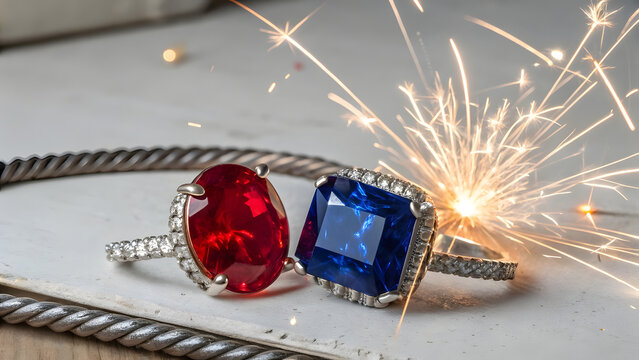 Gemstone Red and Deep Ocean Blue Abstract with Metallic Firework Bursts. Perfect for: Fashion week, Fourth of July, party invitations, bold brand visuals