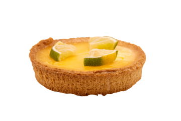 Tarte jaune au citron avec des fruits coupés sur le dessus, format PNG