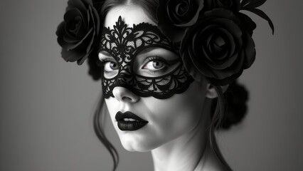 Woman In Mask With Black Roses