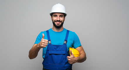 Happy Construction Worker Thumbs Up Studio Shot