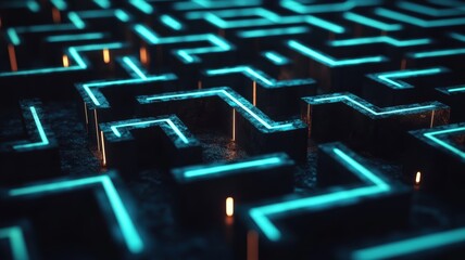 Obraz premium Mysterious neon maze with glowing blue pathways and shadows creating an intriguing atmosphere of complexity and exploration. Deadline approaching