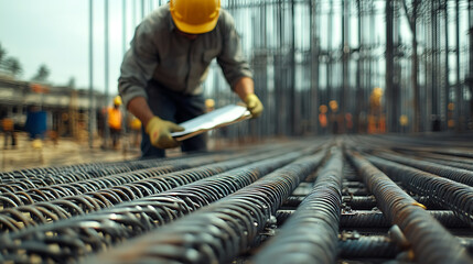 Construction Worker Inspecting Reinforcement Bars