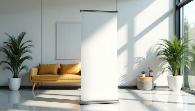 Pull up banner mockup. Pull up banner mockup in bright minimalist living room with sofa and potted plant