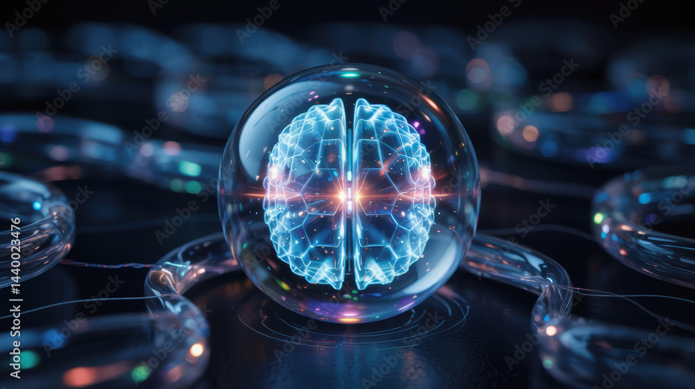 Aufkleber agentic ai concept with glowing brain inside transparent sphere symbolizing intelligence and futuris