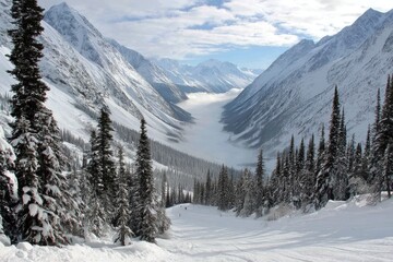 Snowy mountain valley vista