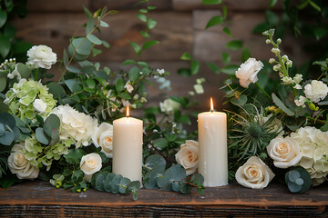 Two Lit Candles Surrounded by White Green Floral Arrangements and Greenery on Rustic Wooden Backdrop