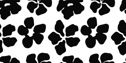 Fototapeta premium Seamless black and white floral pattern with abstract flowers. Modern botanical background for fabric, wallpaper, textiles, branding, and digital designs. Minimalist and trendy monochrome style.