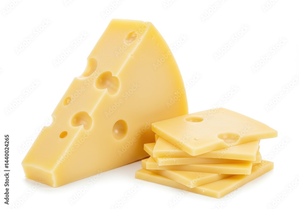 Aufkleber a close up of a chunk of swiss cheese with slices stacked next to it on a white background surface