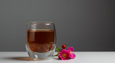 Double walled Glass of Herbal Tea with Rosehip Flowers and Berries Perfect for Wellness Blogs Health Websites and Tea Product Advertising
