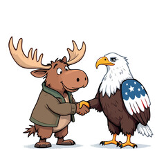 Vsai moose shaking hands with american eagle, cartoon animals embracing patriotism