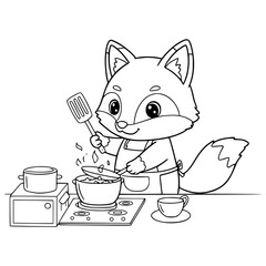 Cute little fox illustration cooking. Fox coloring page 