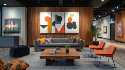 Modern lobby lounge with artwork, comfortable seating, and hallway view