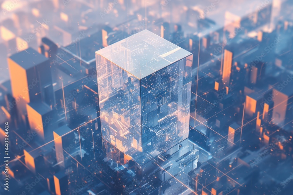 Poster transparent cube in futuristic city. networked structures