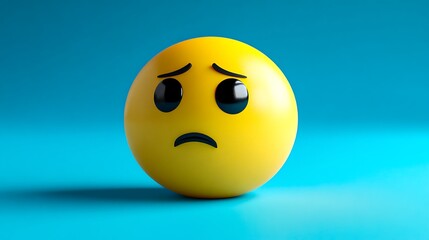 Fototapeta premium Sad yellow emoji face with worried expression on blue background representing emotion and mental health