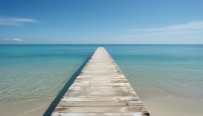 Fototapeta premium Serene wooden pier extending into calm blue ocean waters 