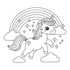 Fototapeta premium A beautiful Unicorn vector illustration in the sky with rainbow. Coloring page for kids