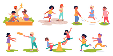 Summer outdoor games. Happy kids play on open air, children having fun, playground activities, frisbee, skipping rope, sandbox. Group and pair entertainment cartoon flat classy vector set