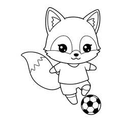 Cute little fox illustration playing football. Fox coloring page. Kawaii style