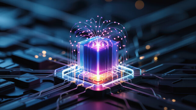 Agentic ai technology concept with glowing futuristic processor and digital data flow in dark environment