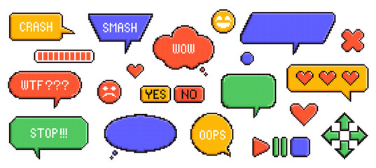 Pixel game speech bubbles. Retro computer graphic, 8 bit game design elements, dialogue text boxes and message balloons, communication symbol, icon buttons with heart, nowaday vector set