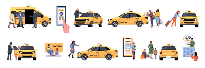 People use taxis. Townspeople calling, waiting for transport, yellow cars, passengers transportation in city, mobile app. Public transport cartoon flat style isolated tidy vector set © YummyBuum