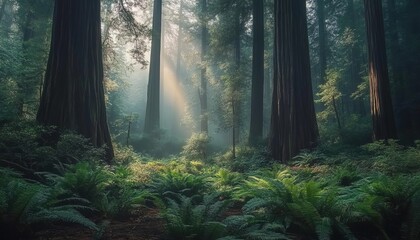 Obraz premium Dense redwood forest with sunlight filtering through foliage and ferns.