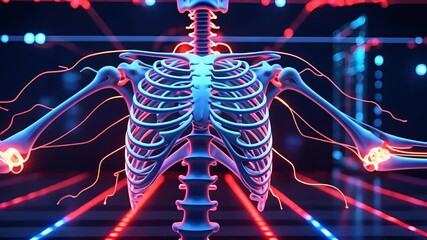 Futuristic digital rendering of human ribcage with nervous system and glowing neural pathways over grid background with sci-fi lighting
- Powered by Adobe