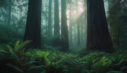 Obraz premium Dense redwood forest with sunlight filtering through foliage and ferns.