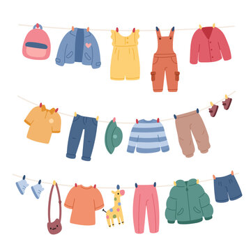 Kids cute clothes on ropes. Drying childish wears, cartoon color apparel elements, shoes, accessory, jackets and t shirts, boyish and girly trousers and sweaters, garish vector isolated set