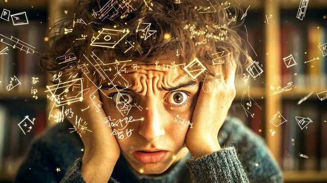 Young student holds his head in his hands, overwhelmed by a flurry of equations, formulas, and symbols swirling around him in a library setting