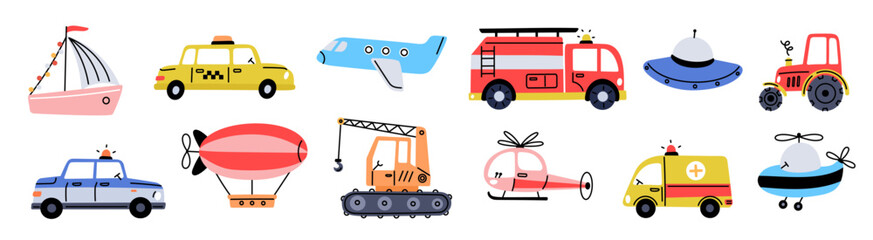 Childish transport toys. Boys game elements, color cars, planes, helicopters and airship, funny kids play inventory, scandinavian style elements, cartoon flat isolated garish vector set © YummyBuum
