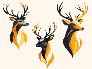 A cartoon vector illustration features a cute set of wild deer and reindeer mammals with antlers, a silhouette stag head, and brown horns, perfect for nature or Christmas design art