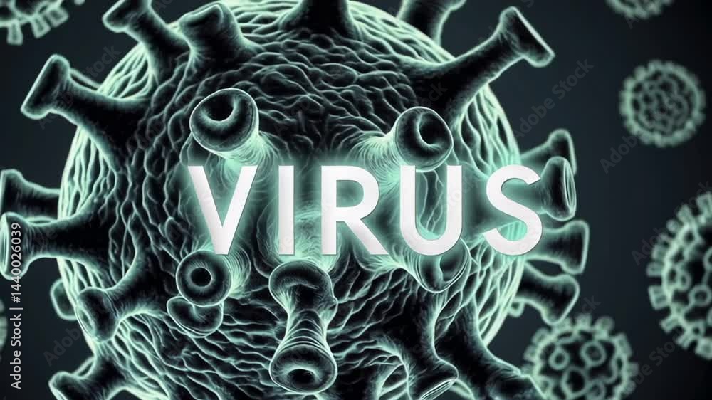 Poster high magnification microscopic view revealing active virus cells rapidly multiplying, demonstrating 