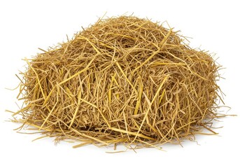 A mound of dry straw hay piled up on a white background in a studio setting with soft lighting