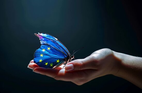 Butterfly with European flag wings flies away from hand. Concept animation.