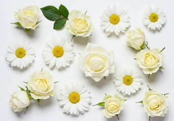 Obraz premium Arrangement of white roses and daisies on a white background in a flat lay floral composition