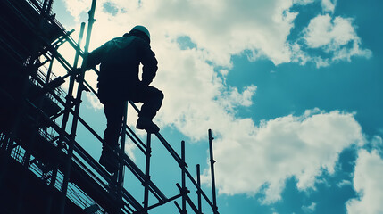 Construction Worker Climbing Scaffolding Against a Cloudy Sky
