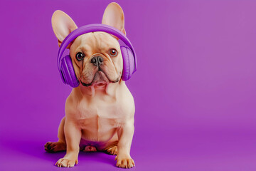 Dog in purple headphones listening to music. Happy pet. Dog wearing headphones listening to music. dog listening music, while relaxing isolated on purple background