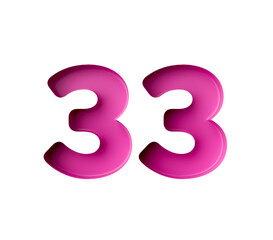 Vibrant pink number 33 Thirty three in bold gradient font with a slight shadow effect, 3d illustration
