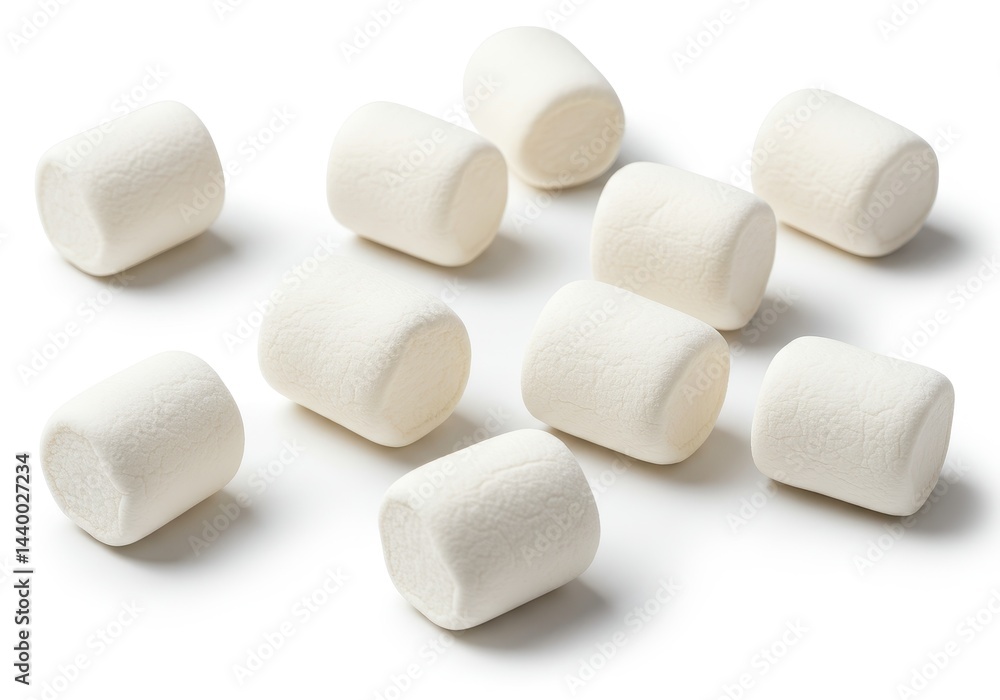 Poster a group of white marshmallows scattered on a white surface in a studio setting with soft lighting