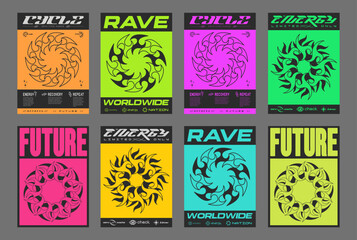 Set of Abstract Y2k Posters Vector Design. Cool Futuristic Placards. Streetwear Surreal Rave Graphic Elements. Brutalist Retro Vintage Pattern.