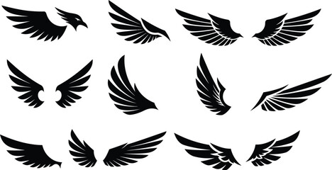 Obraz premium Feathered wings vector set: black silhouettes of eagle, hawk, and angel wings – a tribal design symbol of freedom and flight transparent AI Generative