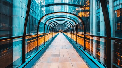 Glass walkway connecting buildings; futuristic, urban design