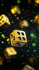 Yellow dice in mid-air, playing game against a dark background, representing chance and gamble