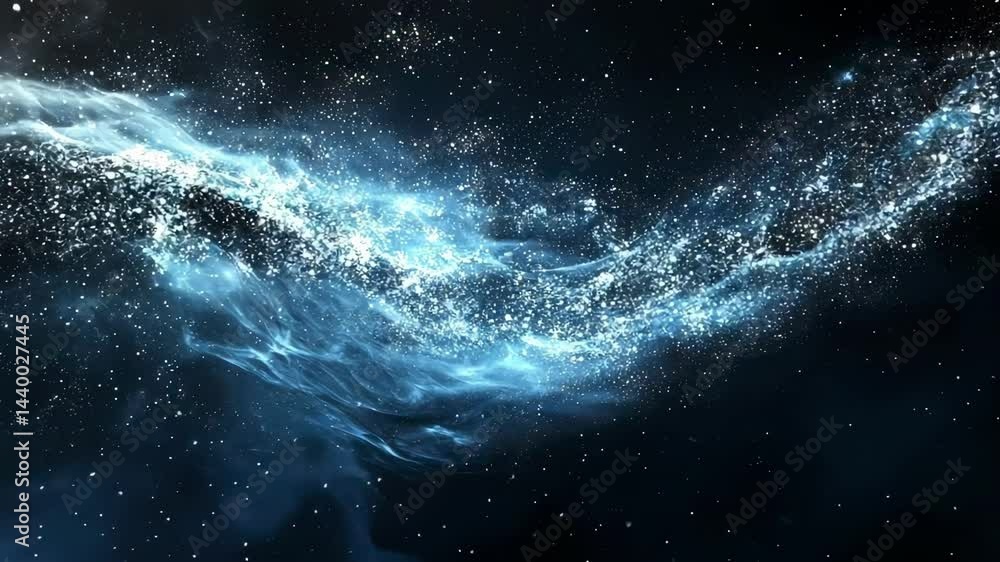 Poster bright particles form a luminous wave flowing gracefully across the dark expanse of space, creating 