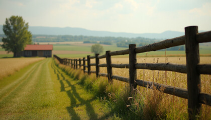 Rustic Wooden Fence in a Peaceful Countryside Meadow