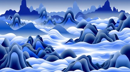 Dreamy Blue Mountains and Cloudscape Digital Artwork Illustration Abstract