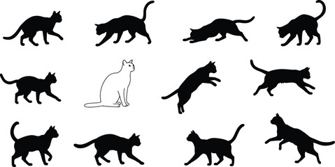 Obraz premium This black vector illustration showcases a collection of animal silhouettes, including a cat with its tail, a dog, and a wild kangaroo, in a simple outline designtransparent AI Generative