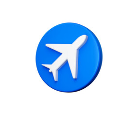 3D Blue coin with a white airplane on its surface, symbolizing travel or aviation. 3d illustration