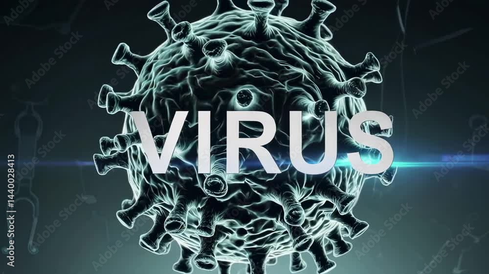 Poster virus cells are rotating against a background of medical instruments with light flares, symbolizing 
